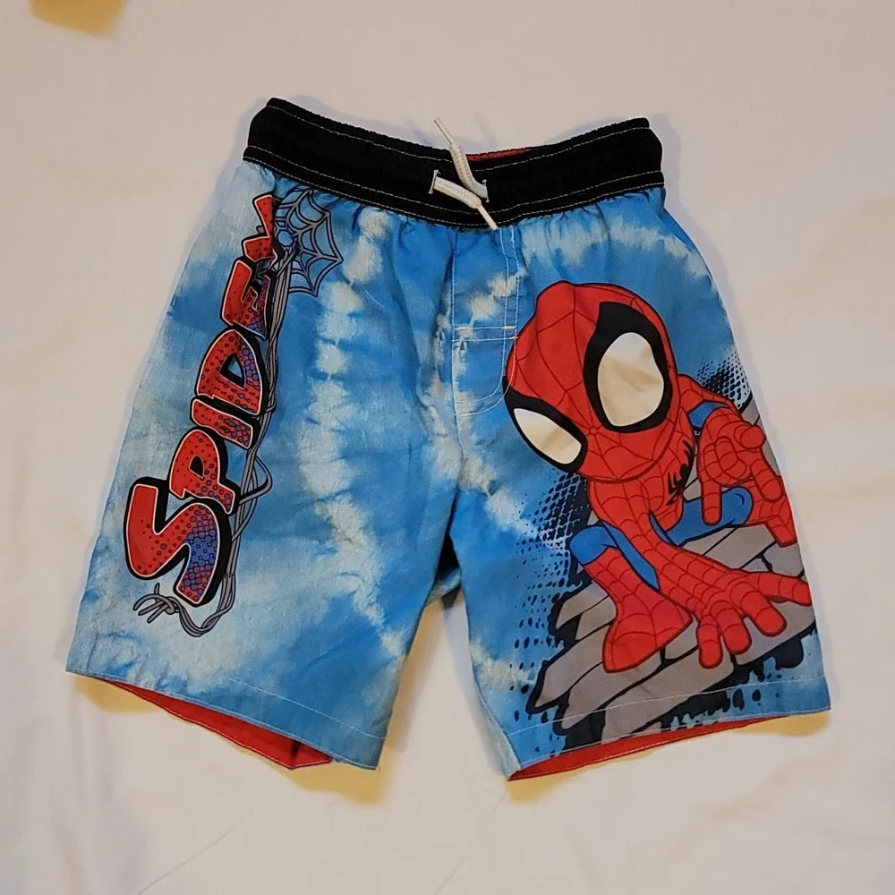 Spiderman Boys 4T Swimsuit Swim Trunks/L/S Rash Guard Shirt/Baseball Cap Spidey